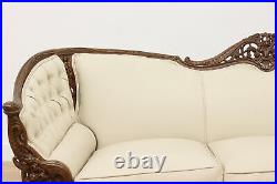 French Design Vintage Carved Sofa or Couch, Leather, Birds #50116