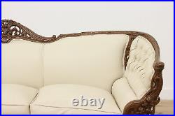 French Design Vintage Carved Sofa or Couch, Leather, Birds #50116