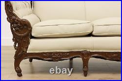 French Design Vintage Carved Sofa or Couch, Leather, Birds #50116