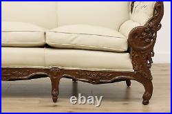 French Design Vintage Carved Sofa or Couch, Leather, Birds #50116