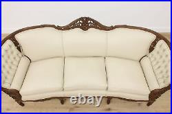 French Design Vintage Carved Sofa or Couch, Leather, Birds #50116