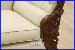 French Design Vintage Carved Sofa or Couch, Leather, Birds #50116