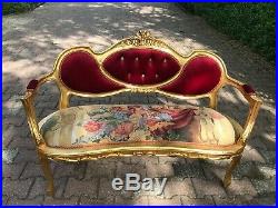 French Gobelin Louis XVI Style Sofa with Burgundy/Red Velvet