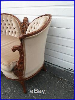 French Hand Carved Birds Kidney Shape Love Seat Settee 9491