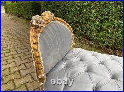 French Louis XVI Light Gray Velvet Settee with Gold & Silver Leaf Accents