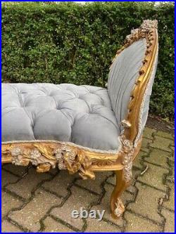 French Louis XVI Light Gray Velvet Settee with Gold & Silver Leaf Accents