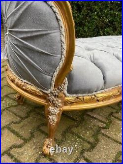 French Louis XVI Light Gray Velvet Settee with Gold & Silver Leaf Accents