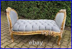 French Louis XVI Light Gray Velvet Settee with Gold & Silver Leaf Accents