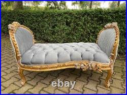 French Louis XVI Light Gray Velvet Settee with Gold & Silver Leaf Accents