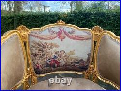 French Louis XVI Sofa Set (1940) in Beige Velvet, Silk Scenery