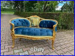 French Louis XVI Style Blue Tufted Velvet Sofa/Settee/Couch/Loveseat