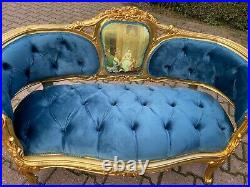 French Louis XVI Style Blue Tufted Velvet Sofa/Settee/Couch/Loveseat