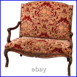 French Louis XVI Style Carved Fruitwood Upholstered High Back Settee
