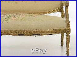 French Louis XVI Style Carved Giltwood Antique Settee Loveseat Sofa, 19th C
