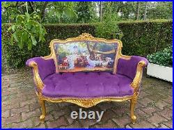 French Louis XVI Style Settee in Purple Velvet and Gobelin