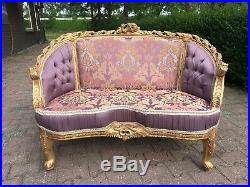 French Louis XVI Style Sofa Upholstered with Damask Fabric