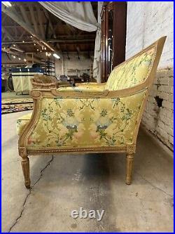French Louis XVI Style Yellow Settee Sofa Floral Upholstered in Fine Silk WOW
