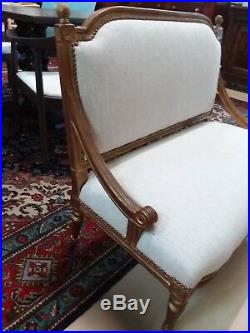 French Louis XVI gold leaf settee with linen two seater bench sofa couch
