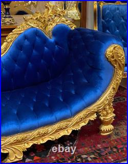 French Louis XV Style Chaise Lounge Blue Tufted Hand carved (BY WFD)