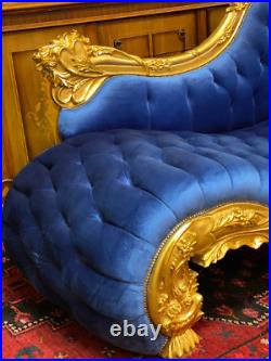 French Louis XV Style Chaise Lounge Blue Tufted Hand carved (BY WFD)