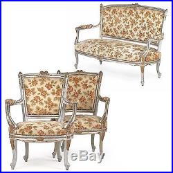 French Louis XV Style Vintage Parlor Suite with Settee Sofa and Two Arm Chairs