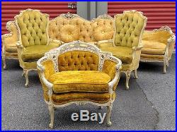 French Provincial Hollywood Regency Sofa Armchairs Louis XVI & Drum Side Table
