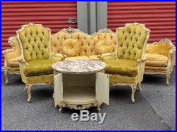 French Provincial Hollywood Regency Sofa Armchairs Louis XVI & Drum Side Table