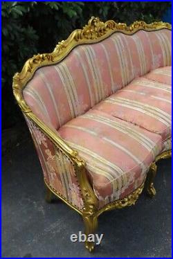 French Rococo Style Heavy Carved Painted Gold Long Sofa and 2 Chairs Set 5345
