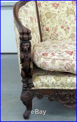 Fully Carved Standing Lions Walnut English Georgian Sofa Couch Love Seat C1900s