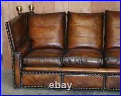 Fully Restored Antique Hand Dyed Brown Leather Four Seater Knoll Drop Arm Sofa