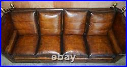 Fully Restored Antique Hand Dyed Brown Leather Four Seater Knoll Drop Arm Sofa
