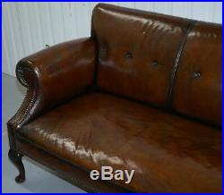 Fully Restored Deep Brown Leather Chesterfield Club Sofa Carved Wood Leaf Legs