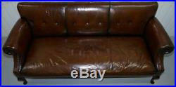 Fully Restored Deep Brown Leather Chesterfield Club Sofa Carved Wood Leaf Legs