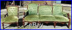 Great Renaissance Revival Inlaid Walnut 2 Pc Parlor Set Couch & Chair
