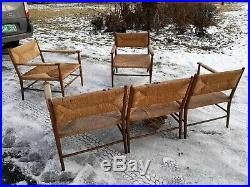 Gio Ponti style, Italian, mid century, 5 pc, woven, sofa and club chairs