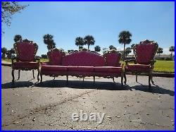 Gorgeous 3 Piece Vintage Pink Velvet Italian Style Tufted Couch