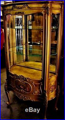 Gorgeous Antique French Louis Style Gold Gilt, Hand Painted Vitrine Cabinet