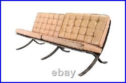 Gorgeous Barcelona Style Tan Leather Upholstered Chromed Settee