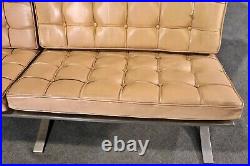 Gorgeous Barcelona Style Tan Leather Upholstered Chromed Settee