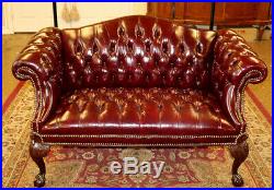 Gorgeous English Burgundy Tufted Leather Settee Loveseat Sofa