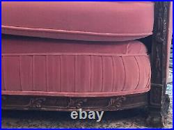 Heavily carved Art Deco sofa and chair, near-perfect condition, rose velvet