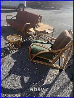 Heywood Wakefield Ashcraft Rattan 3pc Living Room Set w Chair & Table Sofa Couch