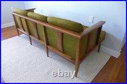 Heywood Wakefield Hourglass Back Green Sofa Sculpted Wood 3 Seater Couch Vintage