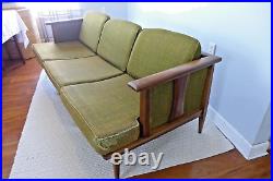 Heywood Wakefield Hourglass Back Green Sofa Sculpted Wood 3 Seater Couch Vintage
