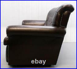 High Back Vintage Brown Leather Chesterfield Sofa On Beautiful Scroll Arms