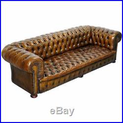 Huge Rare Victorian Horse Hair Fully Restored Brown Leather Chesterfield Sofa