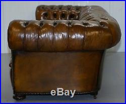 Huge Rare Victorian Horse Hair Fully Restored Brown Leather Chesterfield Sofa