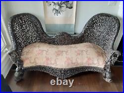 Indian typical hand carve wood settee with fabric seat