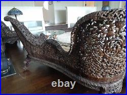 Indian typical hand carve wood settee with fabric seat