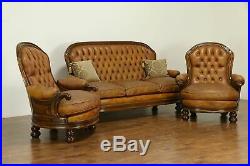 Italian Vintage Tufted Leather Sofa, Carved Fruitwood, Down Cushions #30804